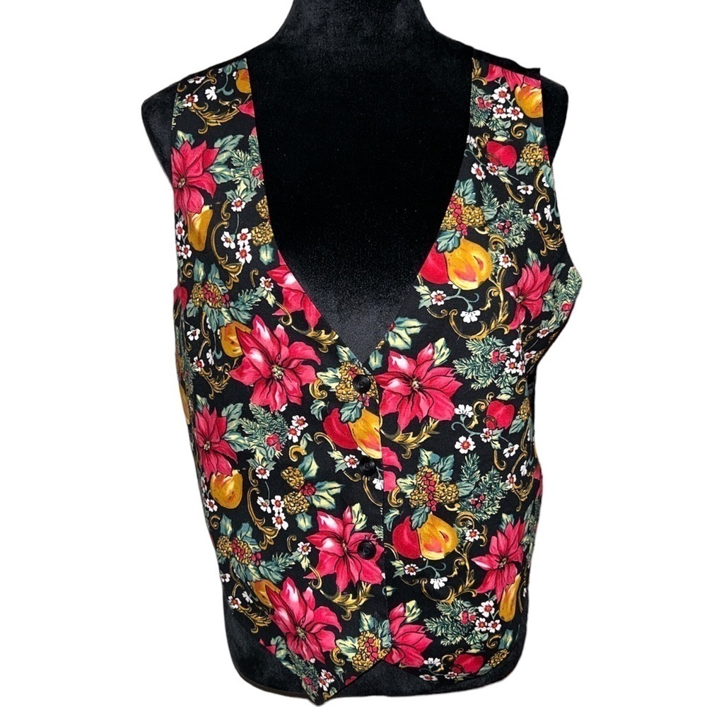 Vintage NUTCRACKER Womens Vest Christmas Holly Poinsettia Floral Multicolor